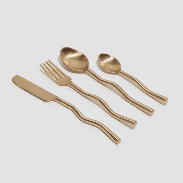 Wave Cutlery 4 Piece Set, Matte Brass