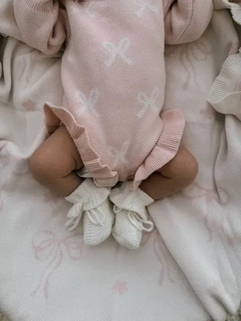 Frill Romper, Baby Pink with Milk Bows / 0-3M