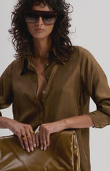 le stripe Silk Twill Pinstripe Shirt, Olive