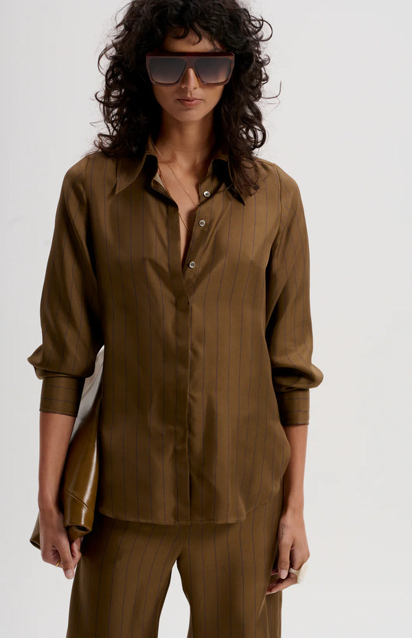 le stripe Silk Twill Pinstripe Shirt, Olive