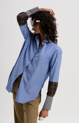 le stripe Mixed Cuff Stripe Shirt, Indigo