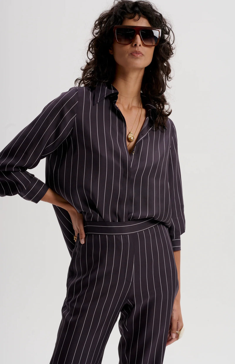 le stripe Silk Twill Pinstripe Shirt, Navy