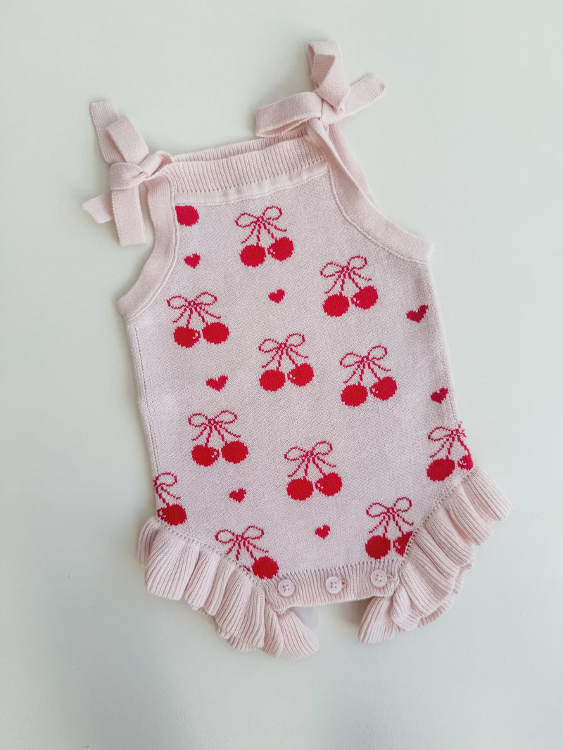 Summer Cherry Heart Bow Frill Romper