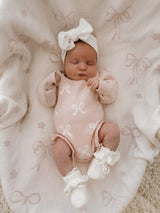 Frill Romper, Baby Pink with Milk Bows / 0-3M