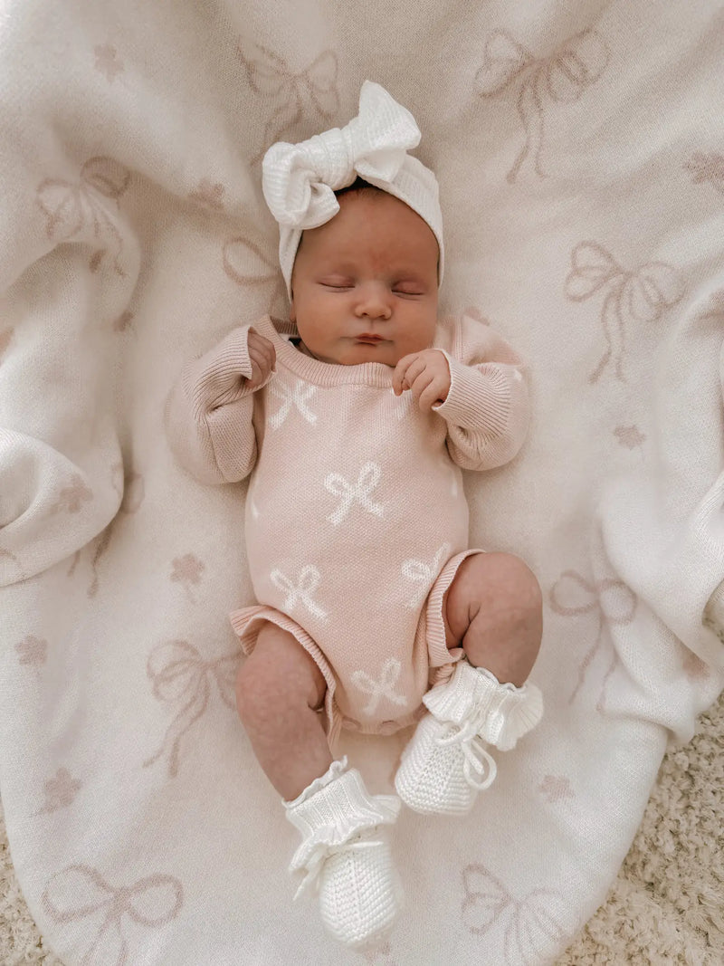 Frill Romper, Baby Pink with Milk Bows / 0-3M