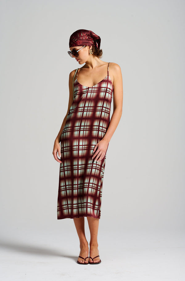 Le Check Slip Dress, Burgandy/Mint