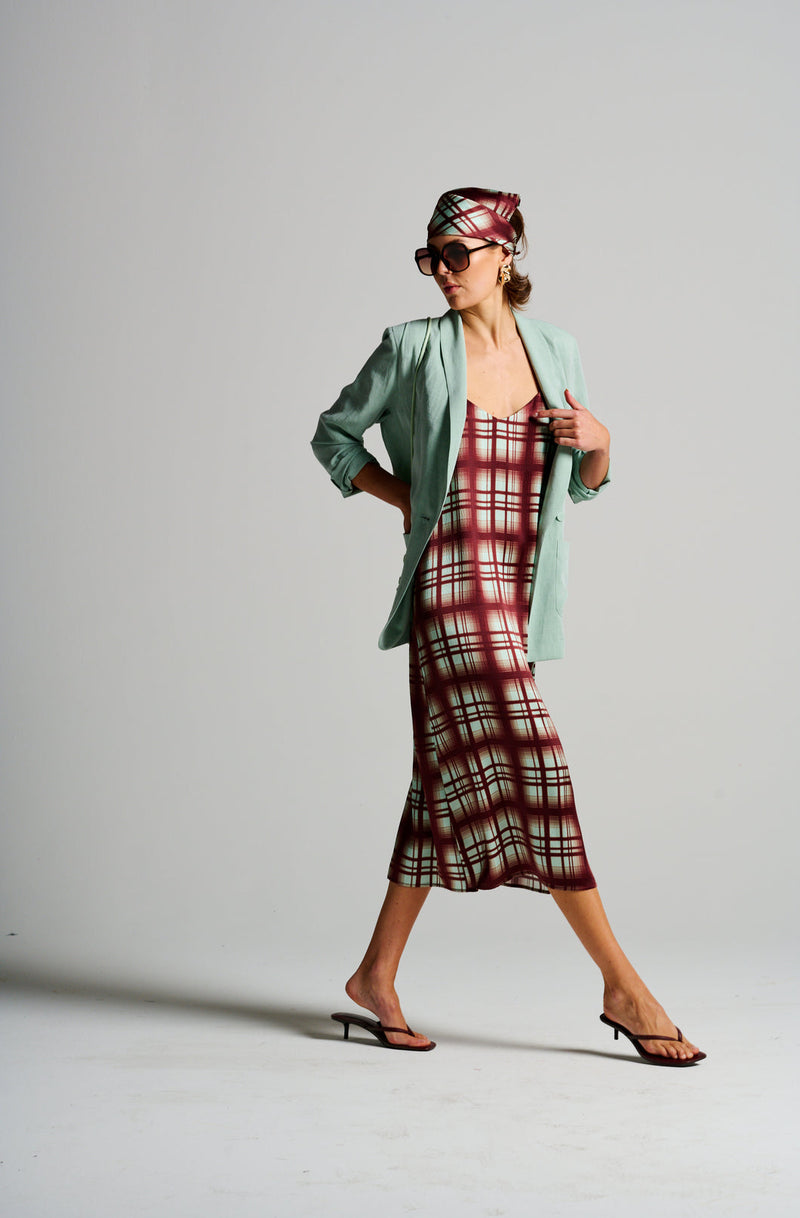 Le Check Slip Dress, Burgandy/Mint