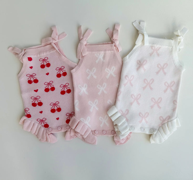 Summer Cherry Heart Bow Frill Romper