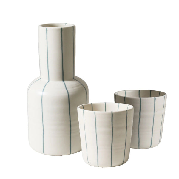 Carafe & 2 Cups Set Coastal Junction cream green stripe