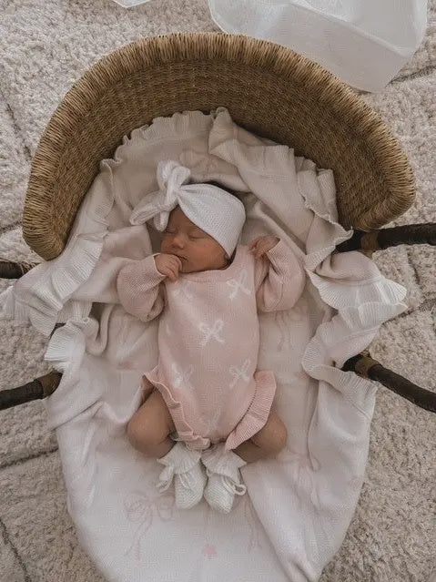 Frill Romper, Baby Pink with Milk Bows / 0-3M