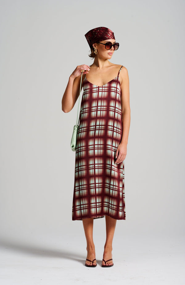Le Check Slip Dress, Burgandy/Mint