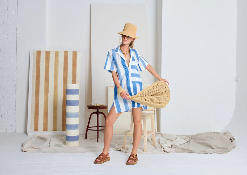 Le Beach Stripe Shirt Dress, Ciel Blue