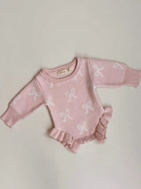 Frill Romper, Baby Pink with Milk Bows / 0-3M