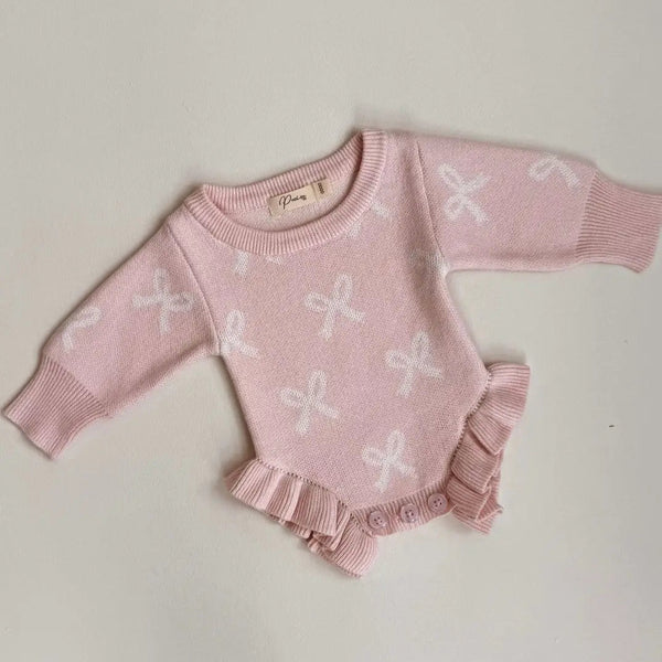 Frill Romper, Baby Pink with Milk Bows / 0-3M