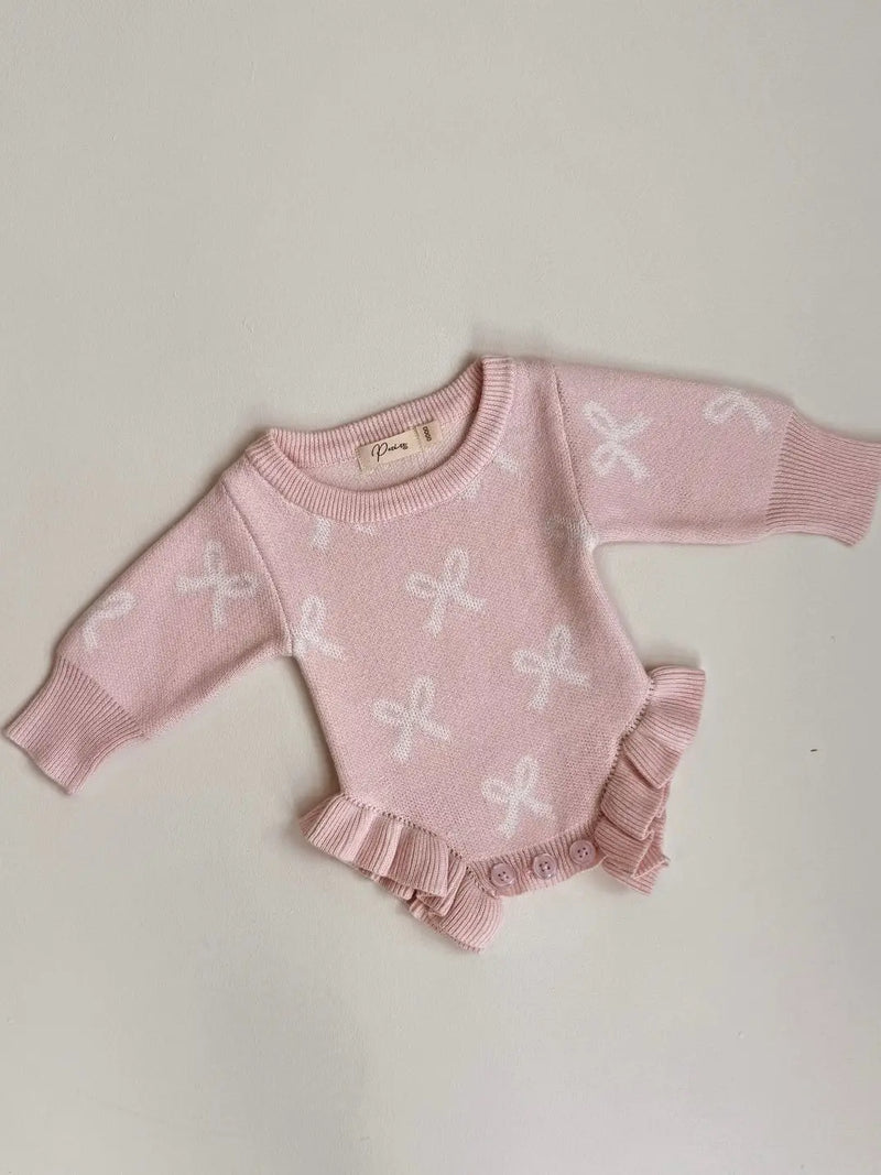 Frill Romper, Baby Pink with Milk Bows / 0-3M