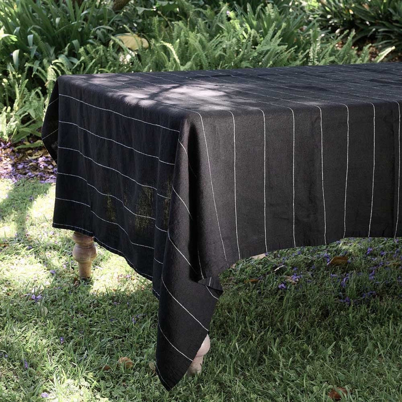 Carter Linen Tablecloth, Black w White Stripe
